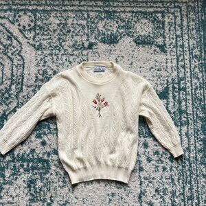 Cream Pointelle Knit Sweater with Floral Embroidery